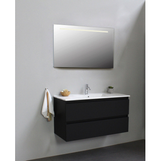 Basic Bella Meuble salle de bains avec lavabo céramique avec miroir et éclairage Blanc 100x55x46cm 1 trou de robinet Noir mat