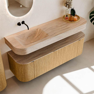 MONDIAZ THOR-DLUX 150cm meuble de salle de bains arrondi gauche + droite couleur Oak avec 1 tiroir et 2 portes. Vasque suspendue CLOUD gauche sans trou de robinet couleur Saba.