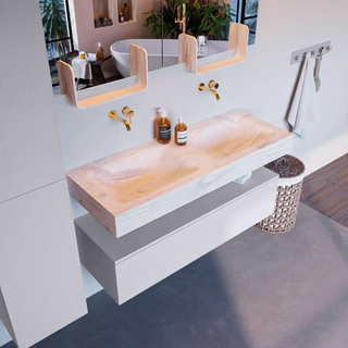 Mondiaz ALAN-DLUX Ensemble de meuble - 120cm - meuble Cale mat - 1 tiroir - Lavabo Cloud Ostra suspendu - vasque Gauche et droite - 0 trous de robinet