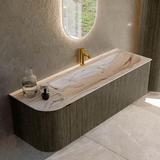 MONDIAZ KURVE-DLUX 145cm badmeubel ronding Links kleur Shadow met 1 lade en 1 deur. Wastafel BIG LARGE Rechts 1 kraangat Nata.