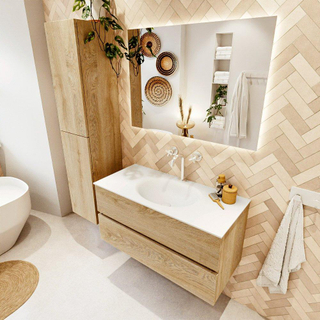 MONDIAZ VICA 100cm badmeubel onderkast Washed Oak 2 lades. Wastafel MOON midden 1 kraangat, kleur Talc.