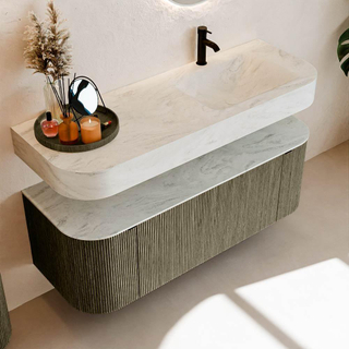 MONDIAZ THOR-DLUX 130cm meuble de salle de bains arrondi gauche + droite couleur Shadow avec 1 tiroir et 2 portes. Vasque suspendue CLOUD Droite 1 trou de robinet couleur Opalo.