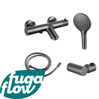 FugaFlow Eccelente Sobrado Badkamer Thermostatische badkraan met ronde handdouche, handdouchehouder en gladde doucheslang Gunmetal PVD