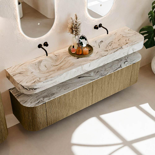 MONDIAZ THOR-DLUX Meuble de salle de bains - 190cm - arrondi gauche + droite - couleur Dusk - 2 tiroirs et 2 portes - Vasque suspendue CLOUD Double sans trou de robinet - couleur Glace