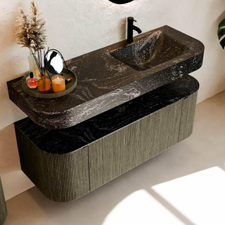 MONDIAZ THOR-DLUX 130cm meuble de salle de bains arrondi gauche + droite couleur Shadow avec 1 tiroir et 2 portes. Vasque suspendue CLOUD Droite 1 trou de robinet couleur Lava.