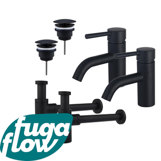 FugaFlow Eccelente Sobrado Badkamer Wastafelkraanset - voor dubbele wastafel - lage wastafelkraan - always open plug - design sifon - Mat zwart