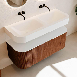 MONDIAZ THOR 120cm meuble de salle de bains arrondi gauche + droite couleur Ruby avec 1 tiroir et 2 portes. Vasque suspendue CLOUD Double sans trou de robinet couleur Talc.
