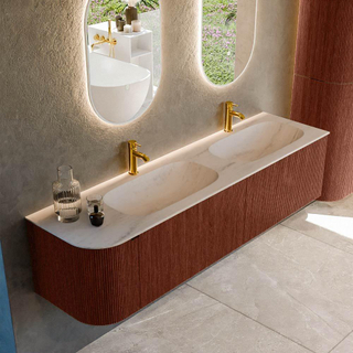 MONDIAZ KURVE-DLUX 175cm badmeubel ronding Links kleur Ruby met 2 lades en 1 deur. Wastafel STOR SMALL Dubbel / Rechts 2 kraangaten Meli.