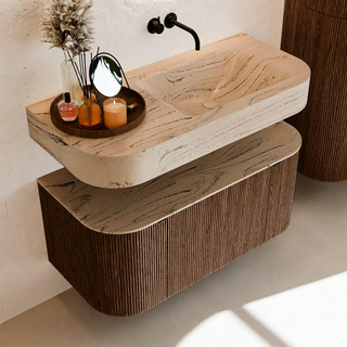 MONDIAZ THOR-DLUX 100cm meuble de salle de bains arrondi gauche + droite couleur Walnut avec 1 tiroir et 2 portes. Vasque suspendue CLOUD droite sans trou de robinet couleur Arena.
