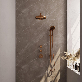 BRAUER Stripe Douche de tête thermostatique encastrée - SET 11 - pomme de douche 25cm - bras mural courbé - douchette 3 positions - flexible de douche - barre coulissante intégrée - cuivre brossé PVD