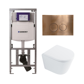 QeramiQ Dely Toiletset - 36.3x51.7cm - diepspoel - rimless - Geberit UP320 Burda inbouwreservoir - softclose toilet zitting 35 mm - koperen bedieningsplaat - ronde knoppen - wit glans