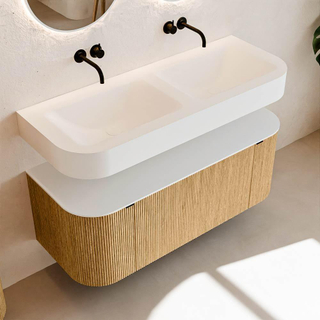 MONDIAZ THOR 120cm meuble de salle de bains arrondi gauche + droite couleur Oak avec 1 tiroir et 2 portes. Vasque suspendue CLOUD Double sans trou de robinet couleur Talc.