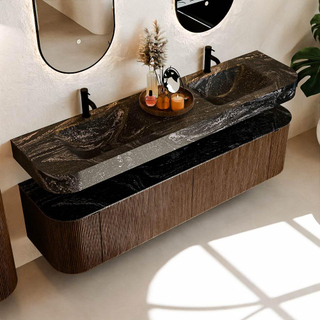 MONDIAZ THOR-DLUX Meuble de salle de bains 180cm arrondi gauche + droite couleur Walnut avec 2 tiroirs et 2 portes. Vasque suspendue CLOUD Double 2 trous de robinet couleur Lava.