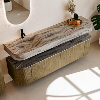 MONDIAZ THOR-DLUX 180cm meuble de salle de bains arrondi gauche + droite couleur Dusk avec 2 tiroirs et 2 portes. Vasque suspendue CLOUD Gauche 1 trou de robinet couleur Sombra.