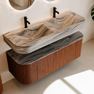 MONDIAZ THOR-DLUX Meuble de salle de bains 130cm arrondi gauche + droite couleur Ruby avec 1 tiroir et 2 portes. Vasque suspendue CLOUD Double 2 trous de robinet couleur Sombra.