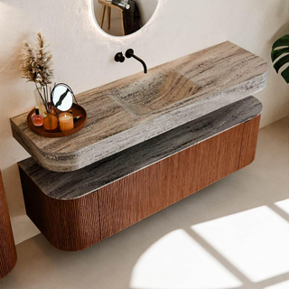 MONDIAZ THOR-DLUX 160cm meuble de salle de bains arrondi gauche + droite couleur Ruby avec 1 tiroir et 2 portes. Vasque suspendue CLOUD Centre sans trou de robinet couleur Oza.