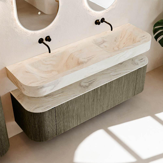 MONDIAZ THOR-DLUX 160cm meuble de salle de bains arrondi gauche + droite couleur Shadow avec 1 tiroir et 2 portes. Vasque suspendue CLOUD Double sans trou de robinet couleur Ostra.