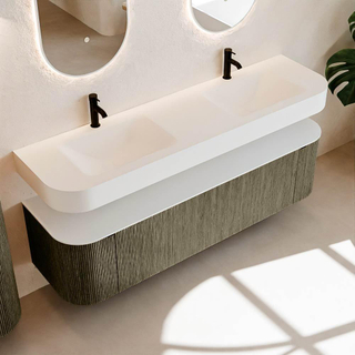 MONDIAZ THOR Meuble de salle de bains 170cm arrondi gauche + droite couleur Shadow avec 1 tiroir et 2 portes. Vasque suspendue CLOUD Double 2 trous de robinet couleur Talc.