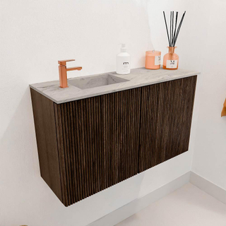 Mondiaz JOYA-DLUX 70cm toiletmeubel - kleur Walnut - Wastafel FAYE positie Links 1 kraangat kleur Glace.