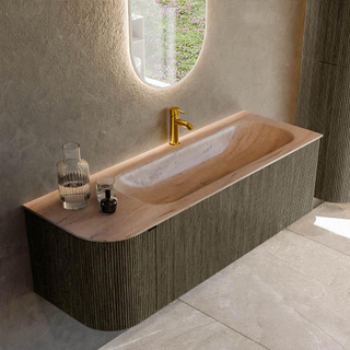 MONDIAZ KURVE-DLUX 135cm badmeubel ronding Links kleur Shadow met 1 lade en 1 deur. Wastafel BIG MEDIUM Rechts 1 kraangat Saba.