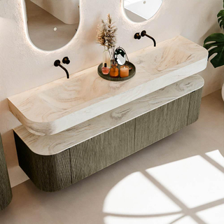 MONDIAZ THOR-DLUX 180cm meuble de salle de bains arrondi gauche + droite couleur Shadow avec 2 tiroirs et 2 portes. Vasque suspendue CLOUD Double sans trou de robinet couleur Ostra.