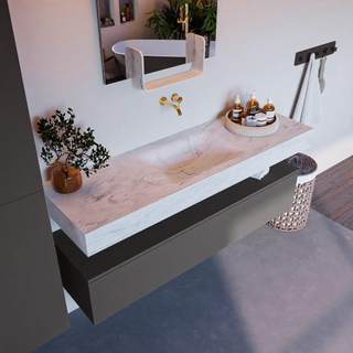 Mondiaz ALAN-DLUX Ensemble de meuble - 150cm - meuble Dark grey mat - 1 tiroir - Lavabo Cloud Opalo suspendu - vasque Centre - 0 trous de robinet