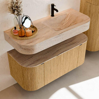 MONDIAZ THOR-DLUX Meuble de salle de bains - 110cm - arrondi gauche + droite - couleur Oak - 1 tiroir - 2 portes - Vasque suspendue CLOUD droite 1 trou de robinet couleur Saba