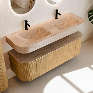 MONDIAZ THOR-DLUX 140cm meuble de salle de bains arrondi gauche + droite couleur Oak avec 1 tiroir et 2 portes. Vasque suspendue CLOUD Double 2 trous de robinet couleur Saba.