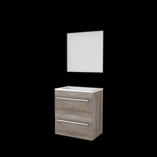 Basic-Line meuble de salle de bain 39 encadré ensemble 60x39cm avec poignées 2 tiroirs vasque acrylique 1 trou de robinetterie miroir cadre aluminium noir mat tout autour mfc scotch oak