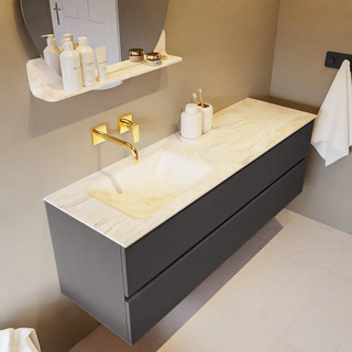 Mondiaz VICA-DLUX Ensemble de meuble de salle de bain - 150cm - meuble sous-vasque gris foncé - 2 tiroirs - lavabo encastré cloud gauche - sans trous de robinet - version haute de 60cm - ostra