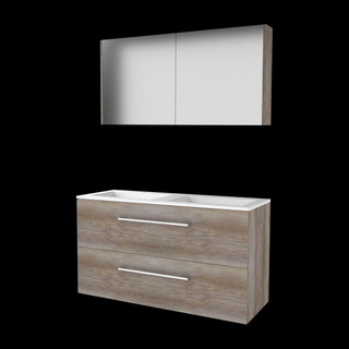 Basic-Line ensemble de meubles de salle de bain comfort 46 120x46cm avec poignées 2 tiroirs lavabo acrylique 2 trous de robinetterie armoire de toilette mfc scotch oak