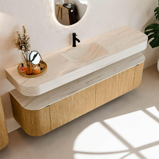 MONDIAZ THOR-DLUX 180cm meuble de salle de bains arrondi gauche + droite couleur Oak avec 2 tiroirs et 2 portes. Vasque suspendue CLOUD Milieu 1 trou de robinet couleur Meli.