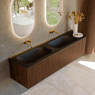 MONDIAZ KURVE 175cm Meuble salle de bain avec module 25 D - couleur Walnut - 2 tiroirs - 1 porte - vasque BIG SMALL double / gauche - sans trous de robinet - Urban