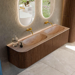 MONDIAZ KURVE-DLUX 165cm badmeubel ronding Links kleur Walnut met 2 lades en 1 deur. Wastafel STOR SMALL Dubbel / Rechts zonder kraangat Saba.