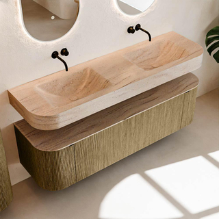 MONDIAZ THOR-DLUX 160cm meuble de salle de bains arrondi gauche + droite couleur Dusk avec 1 tiroir et 2 portes. Vasque suspendue CLOUD Double sans trou de robinet couleur Saba.