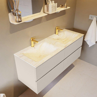 Mondiaz VICA-DLUX ensemble de meuble de salle de bain - 130cm - meuble sous-vasque lin - 4 tiroirs - lavabo encastrée nuage double - 2 trous de robinet - version haute de 60cm - ostra