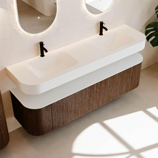 MONDIAZ THOR Meuble de salle de bains 170cm arrondi gauche + droite couleur Walnut avec 1 tiroir et 2 portes. Vasque suspendue CLOUD Double 2 trous de robinet couleur Talc.