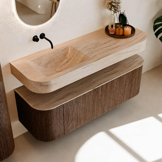 MONDIAZ THOR-DLUX Meuble de salle de bains 140cm arrondi gauche + droite couleur Walnut avec 1 tiroir et 2 portes. Vasque suspendue CLOUD Gauche sans trou de robinet couleur Saba.