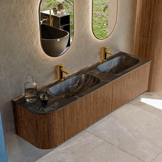 MONDIAZ KURVE-DLUX 175cm Meuble salle de bain avec module 25 G - couleur Walnut - 2 tiroirs - 1 porte - vasque STOR SMALL double / droite - 2 trous de robinet - couleur Lava