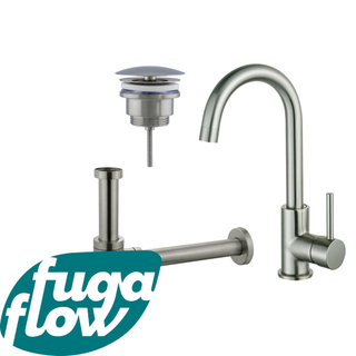 FortiFura Calvi Kit robinet lavabo - robinet haut - bec rotatif - bonde non-obturable - siphon design - Inox brossé PVD