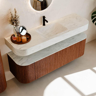 MONDIAZ THOR-DLUX 150cm meuble de salle de bains arrondi gauche + droite couleur Ruby avec 1 tiroir et 2 portes. Vasque suspendue CLOUD Milieu 1 trou de robinet couleur Opalo.