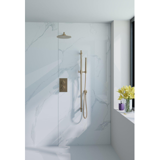 Fortifura Calvi Ensemble de douche pluie encastrable - thermostatique - bras mural - pommeau 25cm - barre curseur - douchette stick - flexible lisse - Laiton brossé (doré)