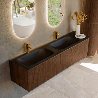 MONDIAZ KURVE 175cm Meuble salle de bain avec module 25 D - couleur Walnut - 2 tiroirs - 1 porte - vasque BIG SMALL double / gauche - 2 trous de robinet - Urban