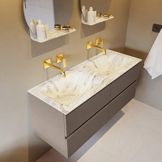 Mondiaz VICA-DLUX ensemble de meuble de salle de bain - 120cm - meuble sous-vasque fumée - 4 tiroirs - lavabo encastré nuage double - sans trous de robinet - version haute 60cm - glace