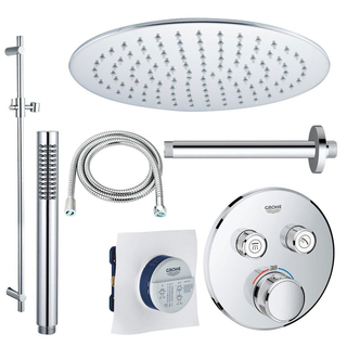 Grohe - Adema Rise Ensemble de douche pluie encastré - 2 fonctions - avec pomme de tête Adema Rise 25 cm - douchette sur barre - bras de plafond - barre coulissante 90 cm - Grohe Grohtherm mitigeur thermostatique encastré - chrome