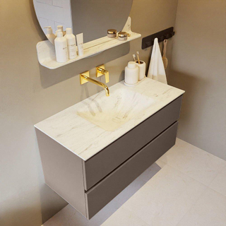 Mondiaz VICA-DLUX ensemble de meuble de salle de bain - 100cm - meuble sous-vasque fumée - 2 tiroirs - lavabo encastré nuage milieu - sans trous de robinet - version haute 60cm - opalo