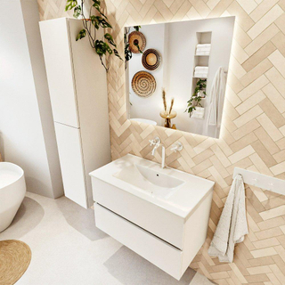 MONDIAZ VICA meuble sous lavabo 80cm Talc 2 tiroirs. Lavabo DENIA centre 1 trou de robinet, couleur Blanc Brillant.