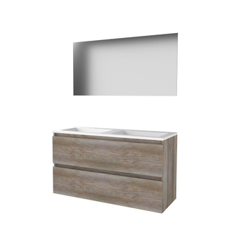 Basic-Line Ultimate 46 ensemble de meubles de salle de bain 120x46cm sans poignée 2 tiroirs lavabo acrylique 2 trous de robinetterie miroir éclairage mfc scotch oak