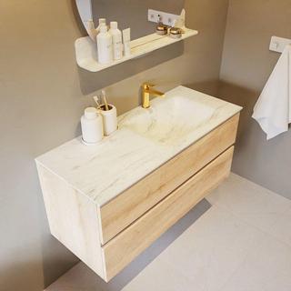 Mondiaz VICA-DLUX Ensemble de meuble de salle de bain - 110cm - meuble sous-vasque chêne blanchi - 2 tiroirs - lavabo encastré cloud droite - 1 trou de robinet - version haute de 60cm - opalo