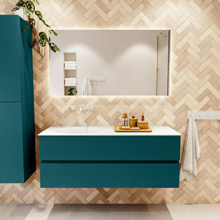 Mondiaz VICA ensemble de meuble de salle de bain - 130cm - meuble sous-vasque smag - 2 tiroirs - lavabo moon gauche - sans trous de robinet - couleur talc - miroir LED - version XL 60cm de haut